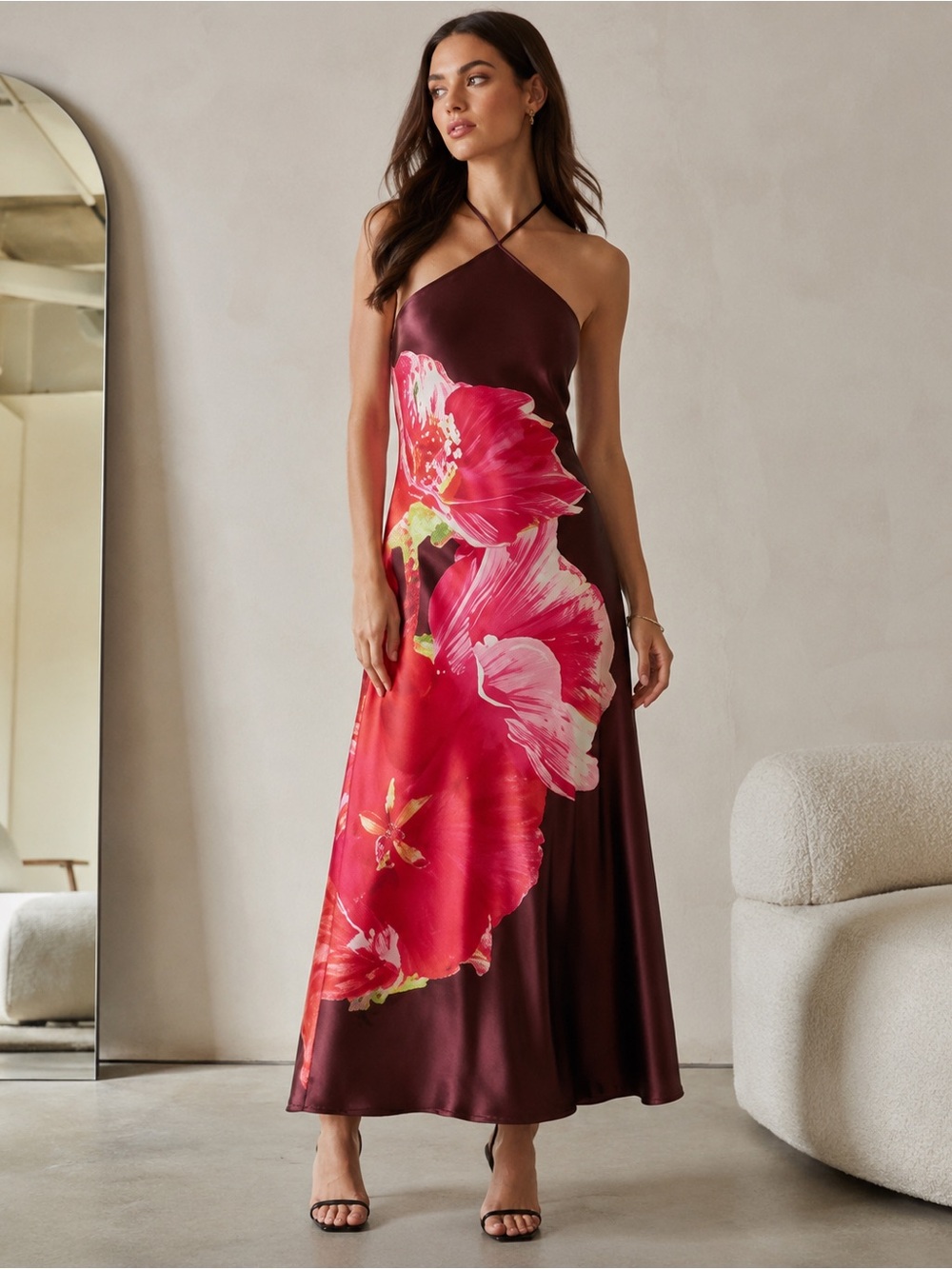 Steve Madden Flora Satin Halter Midi Dress Burnt Umber Floral Print | Size 8